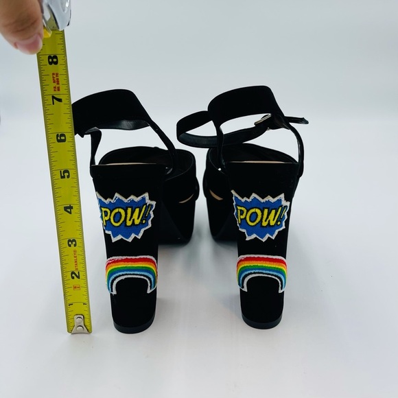 NEW BLACK MULTI STRAP HEART STAR RAINBOW PATCH SUEDE FELT PLATFORMS - Picture 2 of 5